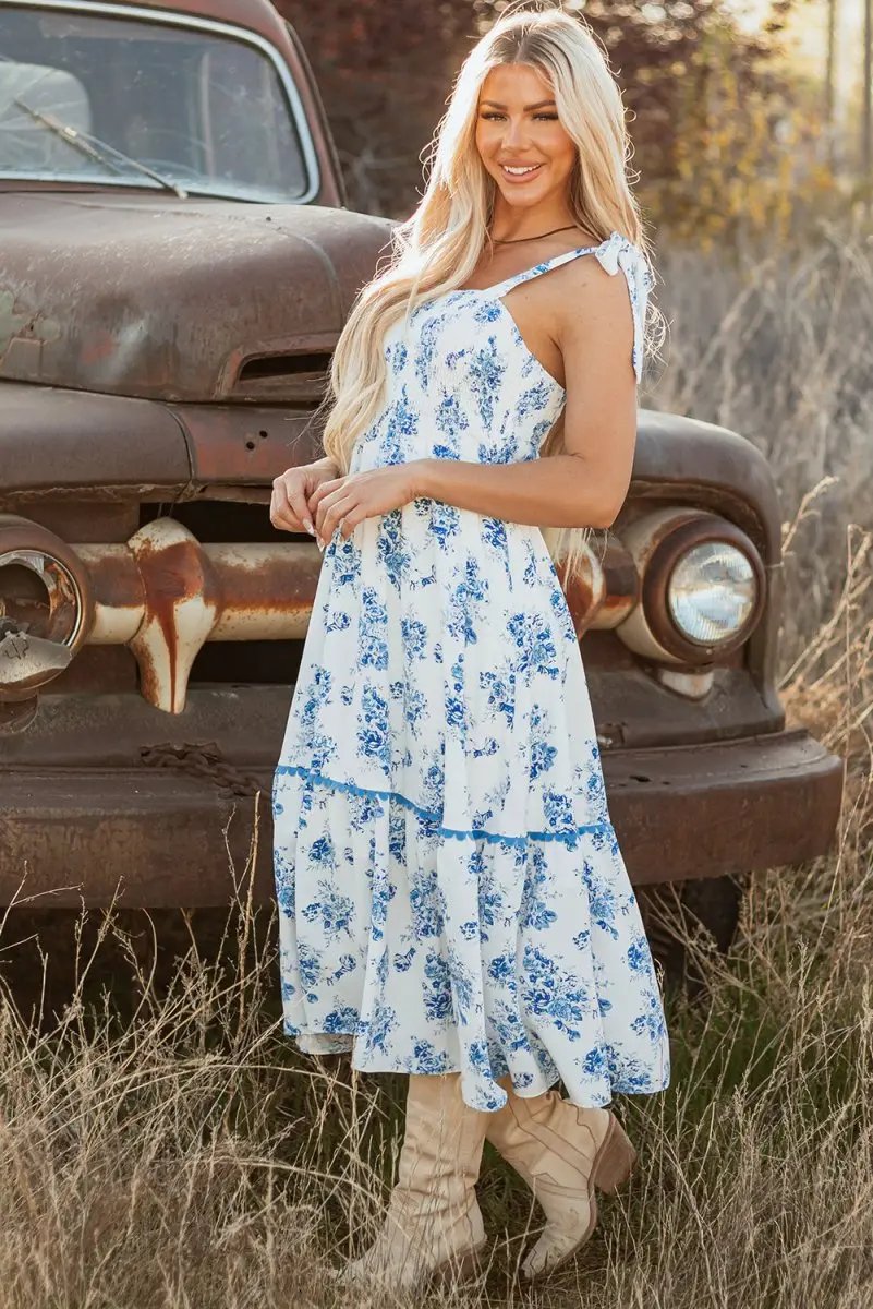 Sky Blue Floral Print Shirred Knot Shoulder Dress - Love Salve